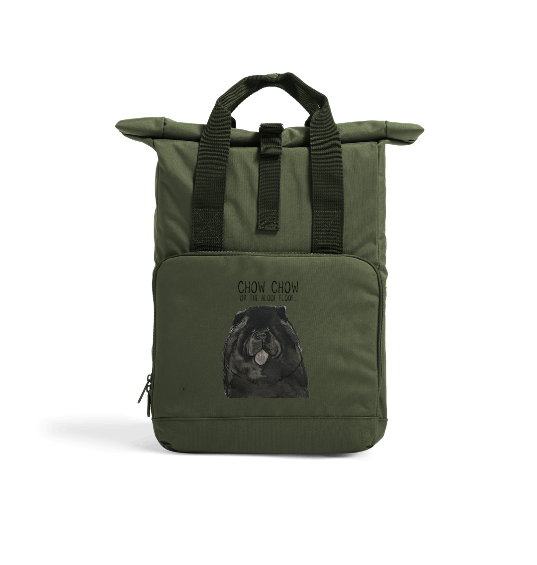 Olive Green Black Chow Chow Chic: Aloof Floof Roll-Top Backpack