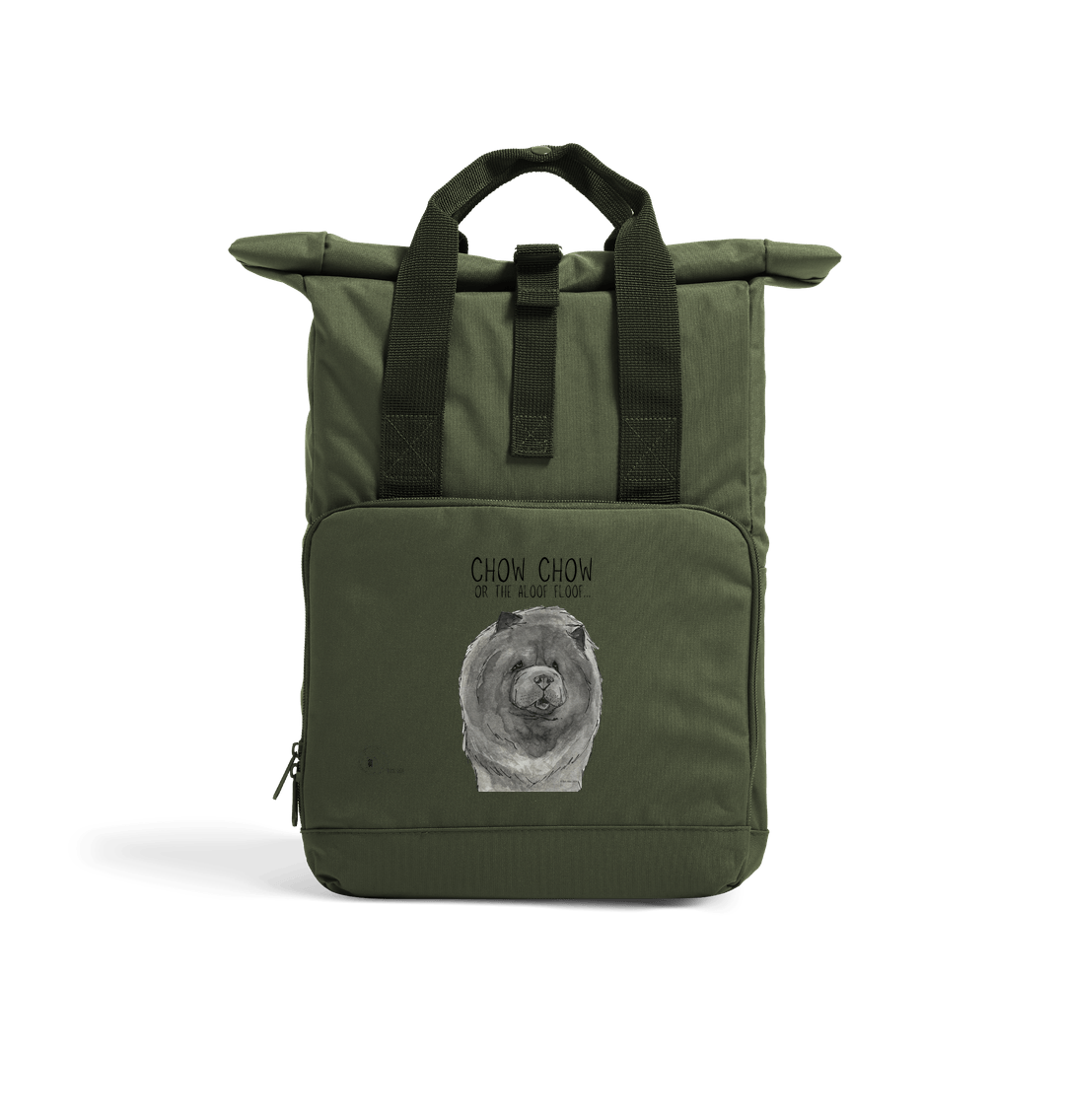 Olive Green Blue Chow Chow Chic: Aloof Floof Roll-Top Backpack