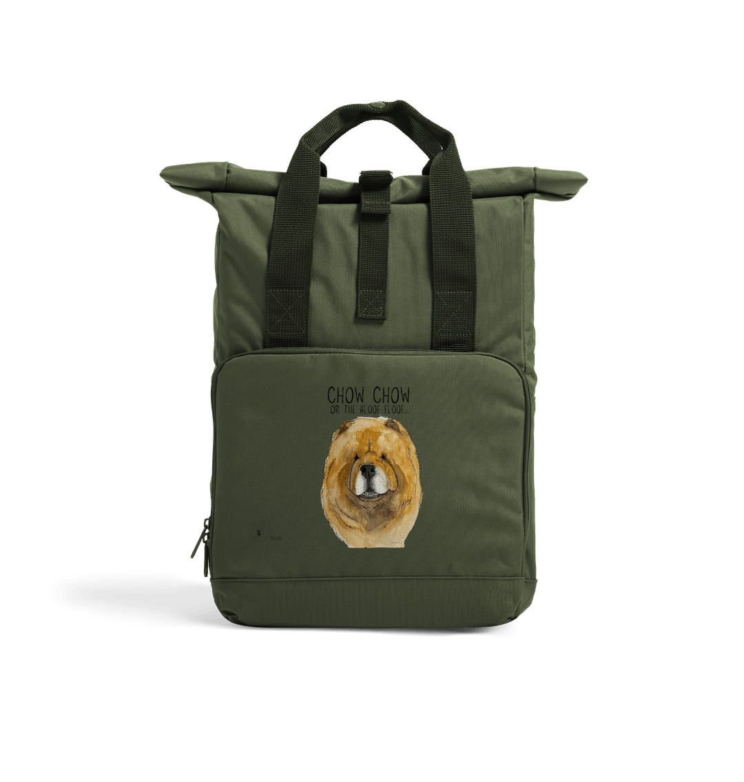 Olive Green Red Chow Chow Chic: Aloof Floof Roll-Top Backpack