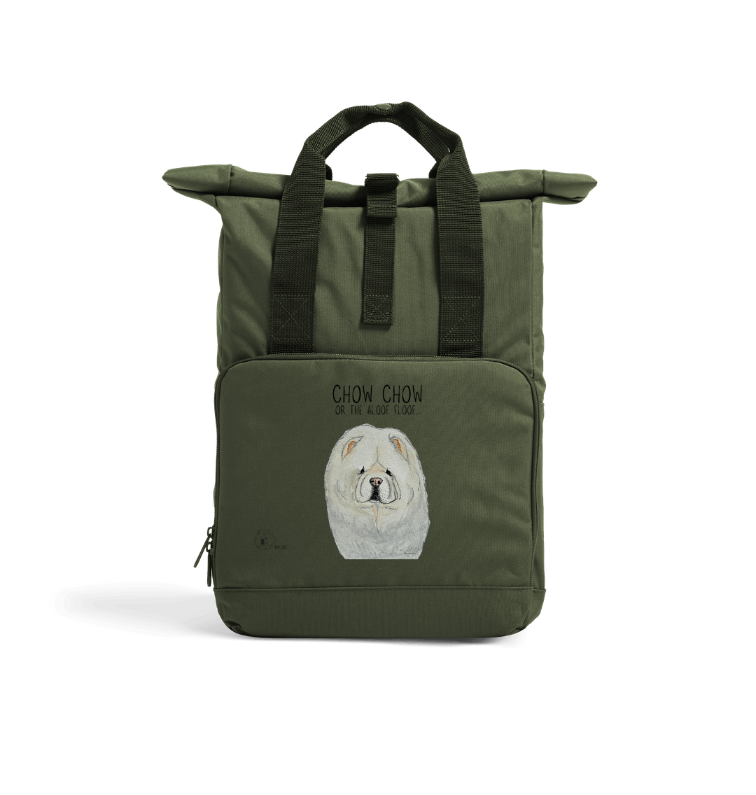 Olive Green Cream Chow Chow Chic: Aloof Floof Roll-Top Backpack