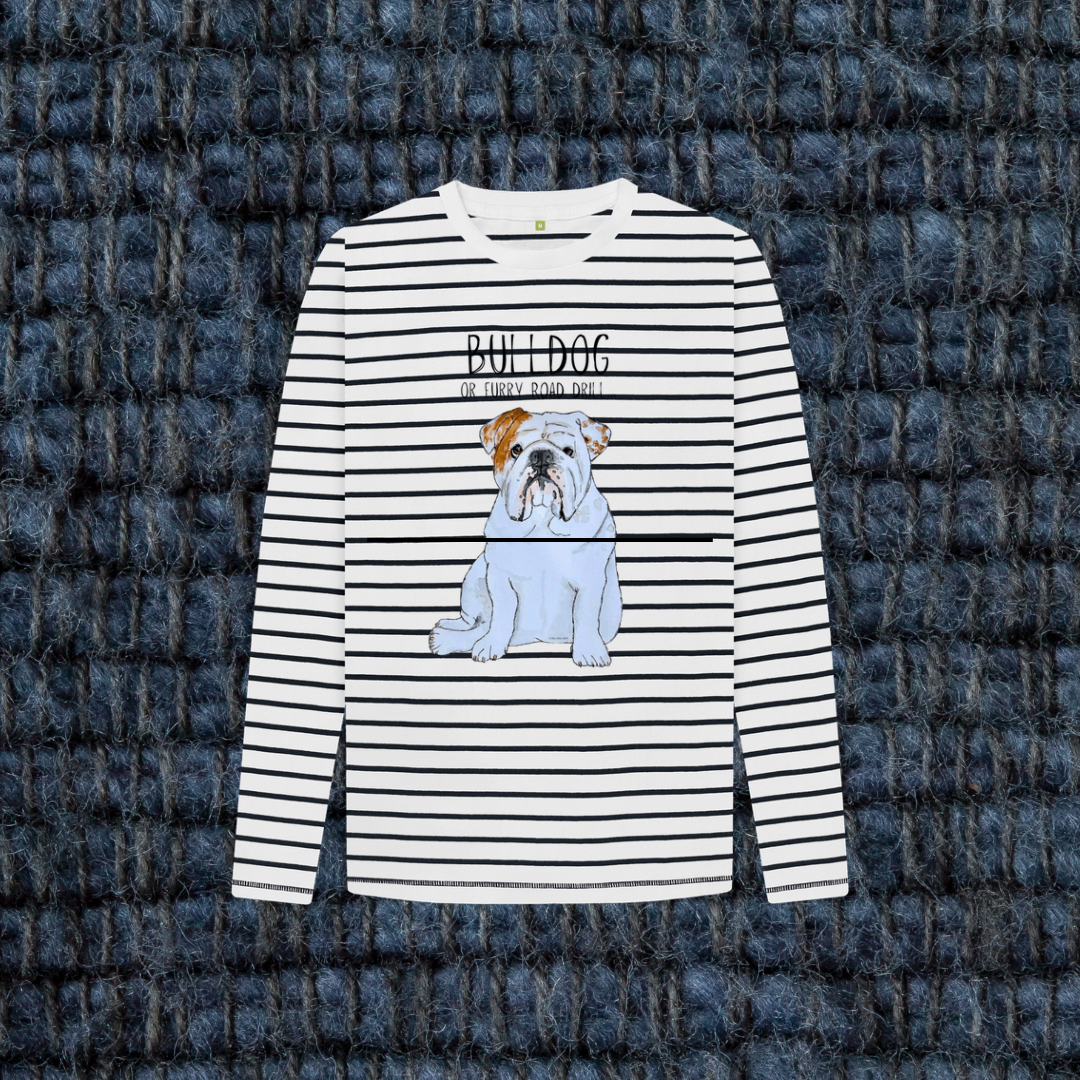 Furry Road Cool: Bulldog Style Meets Breton Chic in Kid’s Long Sleeve Tee!