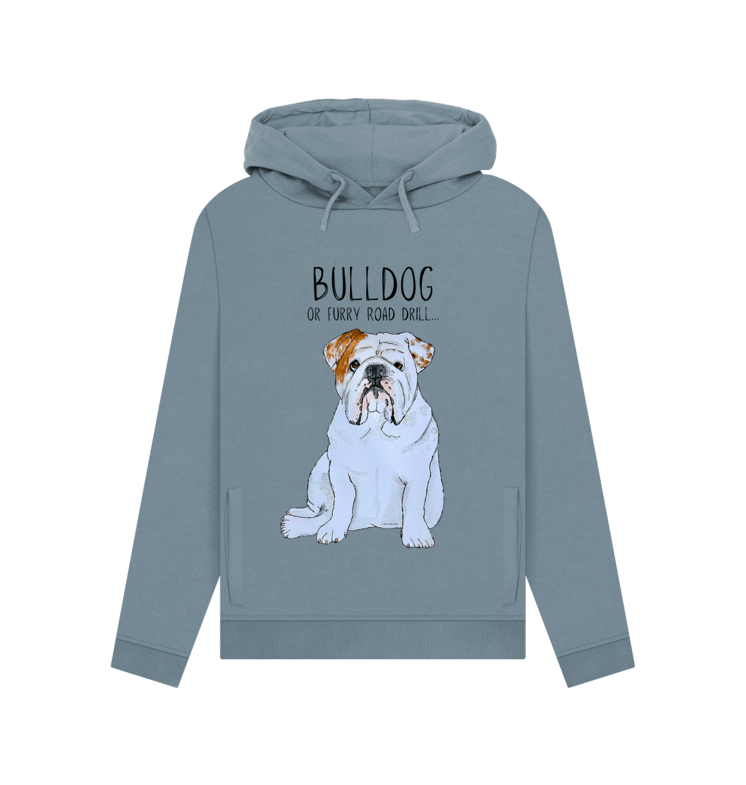 Stone Blue Bulldog Bold: Furry Road Drill Women\u2019s Hoodie for Rebel Comfort!